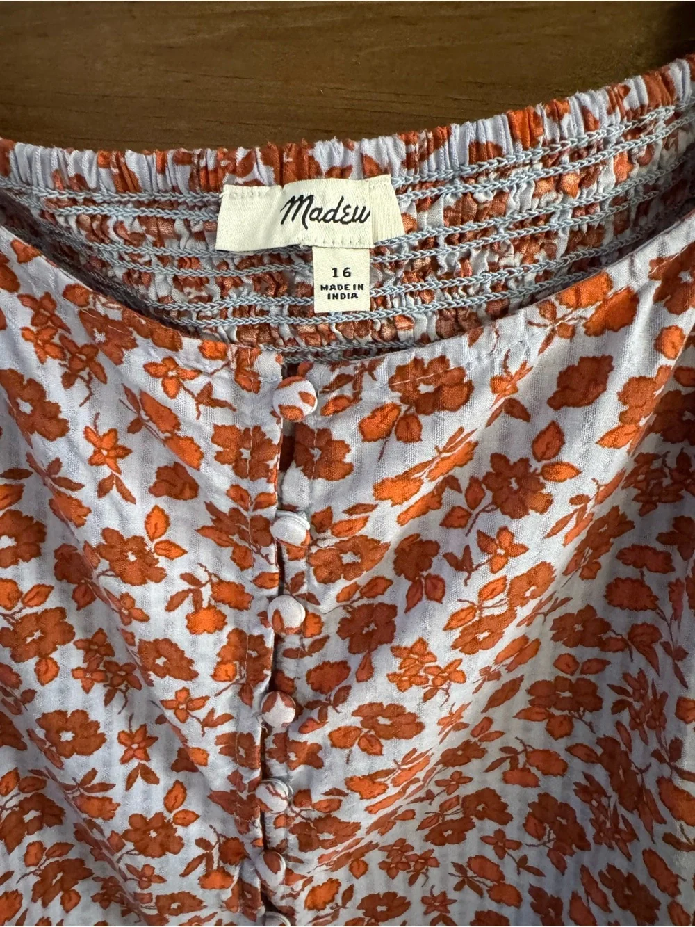 Madewell Light Blue and Rust Floral Puff-Sleeve Square-Neck Top